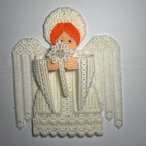 White Angel Plastic Canvas Needlepoint Craft Tree Topper or Wall Hanging Cross